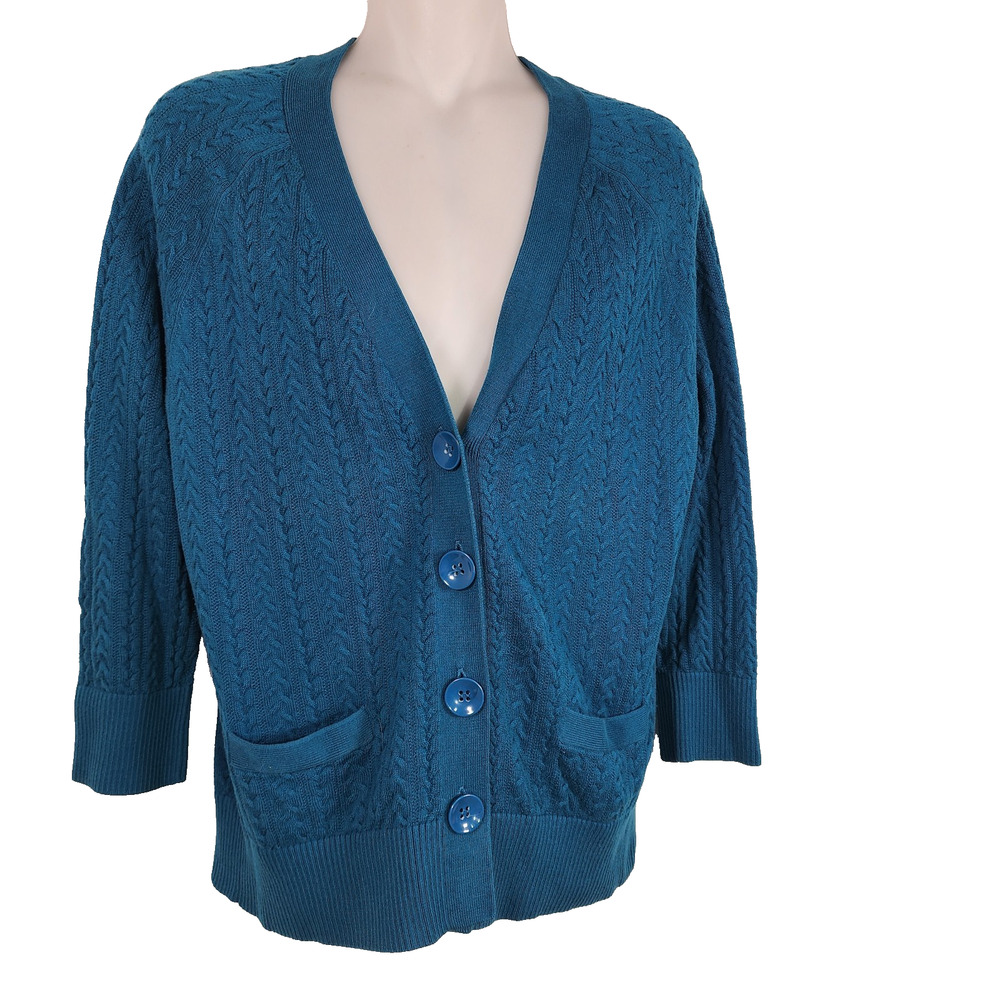 Talbots Womens Cardigan Medium Teal Pima Cotton V Neck Button Sweater Cable Knit